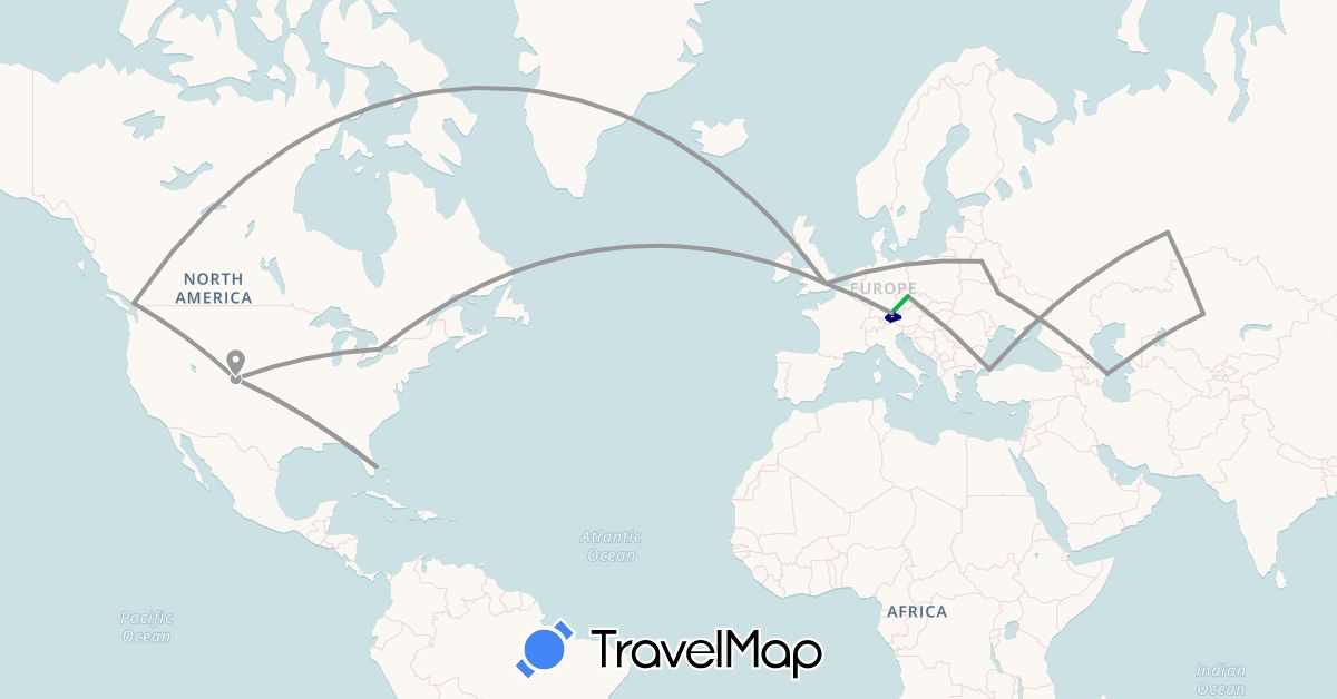 TravelMap itinerary: driving, bus, plane in Austria, Azerbaijan, Belarus, Canada, Czech Republic, Germany, United Kingdom, Kazakhstan, Russia, Turkey, Ukraine, United States (Asia, Europe, North America)